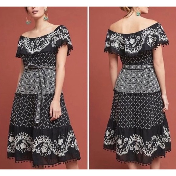 Anthropologie Dresses & Skirts - NWT Anthropologie Marisol Black Embroider Off- Shoulder Boho Dress 12 MSRP $230